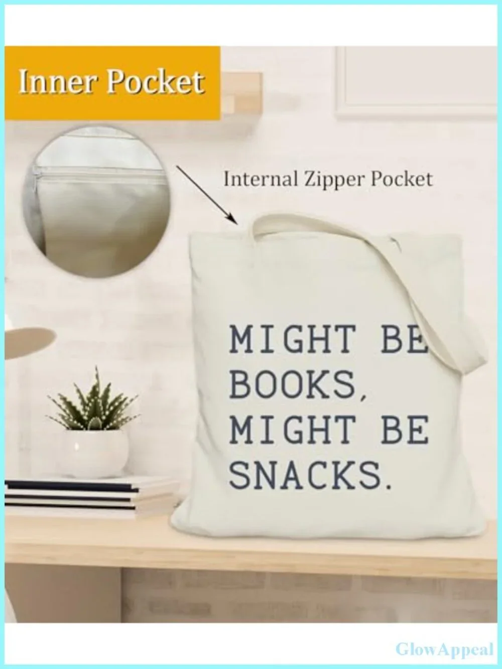Canvas Book Lover Tote Bag with Inner Pocket, Literary Gift for Readers,